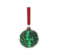 Hervit Sfera Verde Vetro Soffiato Trasparente con Foglie in Velluto con Glitter Oro - Scatola Regalo - 2 Dimensioni 2 Colori - Palla Addobbo Albero Natale - Decorazione Natalizia - Ø8cm
