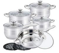 Herzberg Batteria da Cucina 12 Pezzi Acciaio Inox Lucido con Coperchi