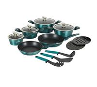 Herzberg - Batteria di Cucina 15 Pezzi in Alluminio, Rivestimento in Marmo, Casseruole, Padelle, Coperchi in Vetro, Utensili, Compatibile con Induzione, Blu