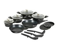 Herzberg - Batteria di Cucina 15 Pezzi in Alluminio, Rivestimento in Marmo, Pentole, Padelle, Coperchi in Vetro, Utensili, Compatibile con Induzione, Nero