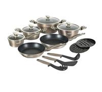 Herzberg - Batteria di Cucina 15 Pezzi, in Alluminio, Rivestimento in Marmo, Pentole, Padelle, Coperchi in Vetro, Utensili, Compatibile con Induzione, Carbone