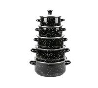 Herzberg HG04128 - Set di 10 pentole e padelle con coperchi in vetro, smalto nero, manici confortevoli, dimensioni versatili (16-24 cm), durata superiore, facile da pulire