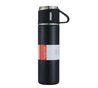 Herzberg HG04210-BLK, bottiglia termica in acciaio inossidabile, 500 ml, conservazione caldo/fredda 12 ore, impermeabile a 360°, 3 tazze incluse, senza BPA, design elegante e compatto