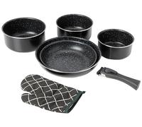 Herzberg HG8053 Set di pentole, Set di 3 pentole a induzione e 2 padelle a tutto tondo di diverse dimensioni e 1 guanto da forno, rivestimento antiaderente in marmo, manici rimovibili, nero