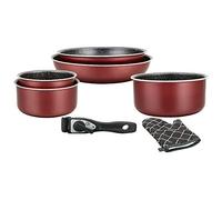 Herzberg HG8053 Set di pentole, Set di 3 pentole a induzione e 2 padelle a tutto tondo di diverse dimensioni e 1 guanto da forno, rivestimento antiaderente in marmo, manici rimovibili, rosso