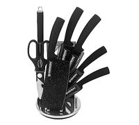 Herzberg HGMSN8-BLM - Set di coltelli da cucina professionale, con impugnatura ergonomica, set di coltelli con supporto da 8 pezzi, colore: nero