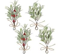 HERZONE 4 rami di vischio artificiali, da appendere, decorazione natalizia con bacche rosse/bianche, steli di vischio artificiali, decorazione da appendere (bianco, verde, 4 pezzi)