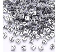 HERZWILD 1000 perline cubiche con lettere dell'alfabeto, colore nero, argentate, color argento metallizzato, stile retrò, vintage, color argento, cubo, con foro grande, lettere dalla A alla Z, per fai
