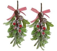 HERZWILD Decorazione natalizia artificiale a forma di vischio, con ramo di vischio glitterato, con bacche, decorazione da appendere per albero di Natale, ghirlanda floreale, porta finestra (griglia
