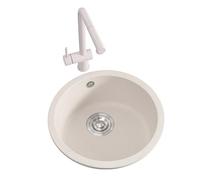 HESHEQ Lavello Cucina 1 Vasca rotondo in Pietra di quarzo, Installazione Sottopiano, 3030(11.8"*11.8"), Bianco, Lavello da cucina