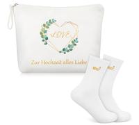 Hestya 2 Pezzi Regali per Sposa Accessori per Addio al Nubilato Borsetta Portatrucco Calzini da Sposa Taglie 36-42 Borsa Cosmetica per Matrimonio Fidanzamento Bomboniere(Auto Matrimonio)