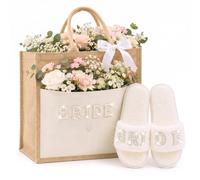 Hestya 2 Pezzi Regalo da Sposa Accessori per Addio al Nubilato Borsa Tote Bride in Juta Pantofole da Sposa con Perle Regalo Bride to Be per Addii al Nubilato, Nozze, Matrimonio, Proposta, Festa