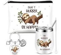Hestya 3 Pezzi Regalo Bradipo Bicchiere in Acciaio Inox da 340 ml con Coperchio e Cannuccia, Borsette per il Trucco Portachiavi per il Suo Collega Amante dei Bradipi Regalo di Natale e Compleanno
