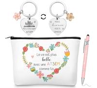Hestya 3 Regali per Insegnanti ATSEM Borsa per Trucco Borsa da Toilette Portachiavi con Incisione Penna a Sfera Regalo di Ringraziamento per AESH Fine dell'Anno Asilo