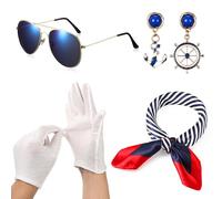 Hestya 4 Pezzi Costume da Marinaio per Donna Include Sciarpa Quadrata da Marinaio Occhiali da Sole Guanti Orecchini Accessori per Orecchie Vestito per il Cosplay della Festa in Yacht