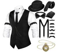 Hestya Accessori Uomo Anni '20 Costumi da Gangster Vintage Gilet Bretella Papillon Orologio Tasca Cappello (Nero, M)