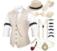 Hestya Accessori Uomo Anni '20 Costumi da Gangster Vintage Gilet Bretella Papillon Orologio Tasca Cappello (Beige, M)
