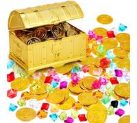 Hestya Giocattolo con Scrigno del Tesoro dei Pirati con 50 Monete d'Oro in Plastica e 50 Gemme Finte, Gemme dei Pirati Scatola del Tesoro Antica con Serratura Monete per Natale Pasqua (Novel)