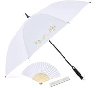 Hestya Ombrello da Matrimonio Bianco con Stampa di Mr e Mrs Ventaglio da Sposa Pieghevole a Mano con Scatola da Regalo 120 cm Resistente al Vento Ombrellone Nuziale Decorazioni Vintage per Festa Nozze
