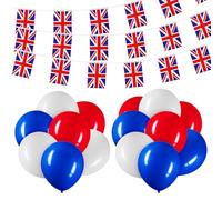 Hestya Palloncini con Bandiere Union Jack 8m di Lunghezza con 25 Bandiere del Regno Unito Stendardi Britannici e 15 Pezzi Palloncini Rossi Bianchi Blu Decorazione per l'Incoronazione del Re Forniture