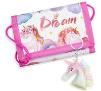 Hestya Portafoglio per Bambini e Ragazzi Portafoglio da Collo a Tre Scomparti con Diverse Fantasie Portamonete da Viaggio con Cordino e Portachiavi Regalo di Compleanno(Rosa,Unicorno)