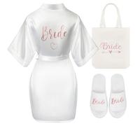 Hestya Set 3 Regali di Nozze con Bride Oro Rosa Regali per Festa Nuziale Vestaglia da Sposa in Raso Bianco Borsa da Sposa Pantofole per Matrimonio Fidanzarsi