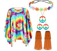 Hestya Set 5 Accessori per Costume Hippie di Mardi Gras per Bambini Include Poncho Tie Dye Fascia per Capelli Boho Orecchini con Segno di Pace Arcobaleno Collana Copristivali con Frange per Festa '60