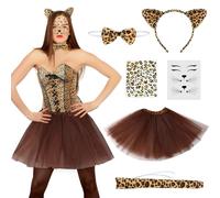 Hestya Set Costumi di Leopardo Accessori per Cosplay, Cerchietto, Papillon, Coda, Gonna Tutù e Adesivi per Viso - Ideale per Compleanno e Carnevale