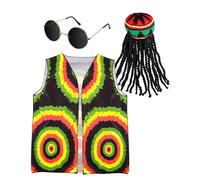 Hestya Set di 3 Accessori per Costumi Hippie Cappello Hippie con Parrucca Dreadlock Occhiali da Sole Gilet da Accessori del Costume per Feste Halloween Regali Cosplay Adulti (Reggae)