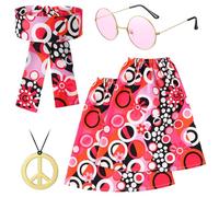 Hestya Set di 4 Accessori per Costume Hippie da Donna Kit di Travestimento Hippie Anni '70 Fascia per Capelli Scaldamuscoli Occhiali da Sole Collana con Segno di Pace per Ragazze Carnevale (Rosa)