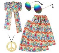 Hestya Set di 4 Accessori per Costume Hippie da Donna Kit di Travestimento Hippie Anni '70 Fascia per Capelli Scaldamuscoli Occhiali da Sole Collana con Segno di Pace per Ragazze Carnevale (Colorato)