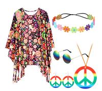Hestya Set di 5 Pezzi Accessori per Costume Anni '60 Anni '70 Kit di Travestimento Hippie da Donna Poncho Hippie Tintura a Nodo Fascia Fiori Occhiali da Sole Retrò Orecchini e Collana(Elegante)