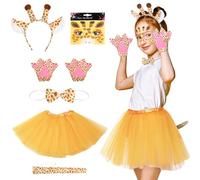 Hestya Set di 6 Costumi da Giraffa di Carnevale per Bambini Piccoli da 2 a 8 Anni Cerchietto di Orecchie di Giraffa Papillon Coda Gonna Tutù Guanti Adesivo per Viso Cosplay Mardi Gras Gioco di Ruolo