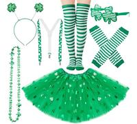 Hestya Set di 7 Accessori per Costume per il Giorno di San Patrizio Gonna Tutù di Trifoglio Calzini al Ginocchio a Righe Guanti Manicotto Verde Cerchietto Occhiali da Festa Bretella Collana di Perline