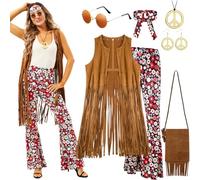 Hestya Set di Accessori per Costume Anni '60 Anni '70 Kit di Travestimento Hippie da Donna Gilet con Frange Pantaloni Svasati Borsa Fascia Fiori Occhiali da Sole Collana Pace per Halloween (L)