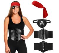 Hestya Set di Accessori per Costume da Pirata Donna con Fascia da Pirata Rossa Benda per Occhio da Pirata Nera Cintura Corsetto da Pirata Accessori da Festa da Pirata per Carnevale Cosplay Halloween