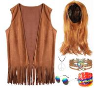 Hestya Set di Accessori per Costume Hippie Anni '60 '70 Gilet con Frange in Tessuto Scamosciato Fascia per Capelli Parrucca Occhiali da Sole Collana di Pace Braccialetto per Uomo Halloween Cosplay