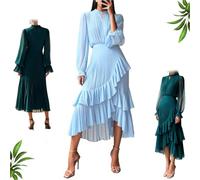 HESYSUAN Abito aderente da donna a strati con orlo a volant, abito elegante a pieghe a vita alta, linea ad A, orlo irregolare, abiti midi per matrimoni, feste, ospiti, Azzurro, L