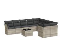 HETFTJN 10 pezzi grigio chiaro polyrattan divano angolare + divano centrale + tavolo da giardino 37 cm, resistente alle intemperie, ripiano in vetro, cuscino rimovibile, balcone terrazza