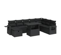 HETFTJN 9 pezzi Set divano da giardino in polyrattan nero 100 x 55 cm con vano portaoggetti, cuscino lavabile, ripiano pieghevole, modulare per balcone, terrazza, giardino, set lounge resistente alle