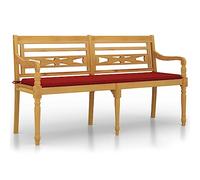 HETFTJN Batavia Panchina da giardino 150 cm con cuscino rosso in teak massiccio con braccioli e schienale, design robusto per balcone, terrazza e lounge
