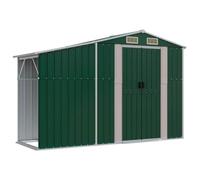 HETFTJN Casetta in metallo con supporto per legna da ardere, 277 x 93 x 179 cm, capanno per attrezzi in acciaio zincato per il giardino, robusta casetta da giardino con tetto inclinato e ventilazione