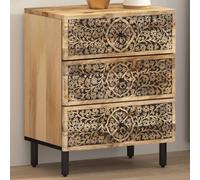 HETFTJN Comodino 50 x 33 x 60 cm in legno di mango massiccio, 3 cassetti, design retrò intagliato a mano, gambe in ferro, tavolino salvaspazio con spazio per camera da letto e soggiorno