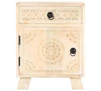 HETFTJN Comodino in Legno Massello Mango 40x30x50 cm Cassetto ed Anta | Mobiletto multiuso per camera da letto e salotto con intagli artigianali, finitura decapata e struttura già montata.