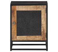 HETFTJN Comodino Industriale 40x30x50 cm Legno di Mango Grezzo e Ferro | Mobiletto d'appoggio per camera da letto con anta intagliata a mano e vano portaoggetti, gia assemblato.