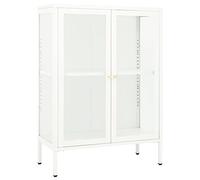 HETFTJN Credenza Bianca 75x35x105 cm in Acciaio e Vetro con Ripiano | Mobiletto multiuso in metallo bianco per soggiorno e studio con ante in vetro, ripiano intermedio e piedini regolabili