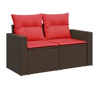 HETFTJN Divano da Giardino 2 Posti in Polyrattan Marrone con Cuscini Rossi | Panchetta da esterno modulare con borse contenitore sotto la seduta, ideale per arredare il terrazzo ed il patio.