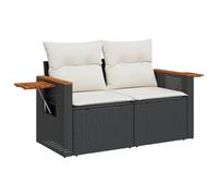 HETFTJN Divano da Giardino 2 Posti in Polyrattan Nero con Tavolino | Panchina da esterno per terrazzo con tavolino pieghevole integrato nei braccioli e vano contenitore sotto la seduta.