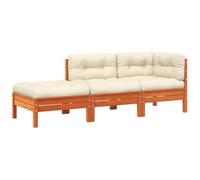 HETFTJN Divano da Giardino 3 Posti in Legno di Pino con Poggiapiedi | Set modulare da esterno per terrazza o patio in pino massello marrone con morbidi cuscini crema e pouf multifunzione.