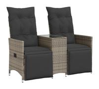 HETFTJN Divano Giardino Reclinabile 2 Posti con Tavolino Polyrattan Grigio | Set 2 sedute da esterno con schienale regolabile a leva, tavolino in vetro temperato integrato per balcone e patio.